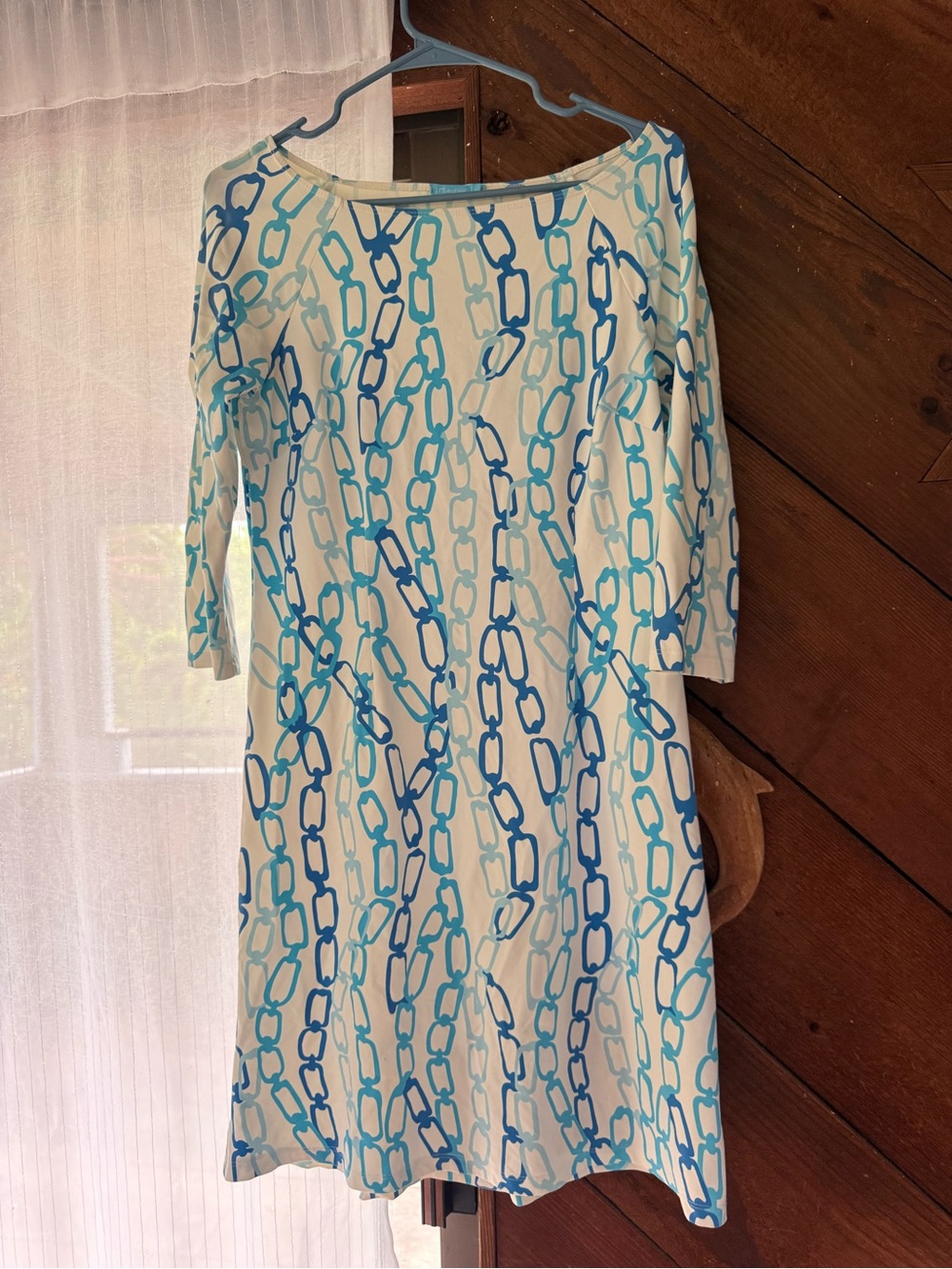Boatneck Midi Dress in White with Blue Chain Print